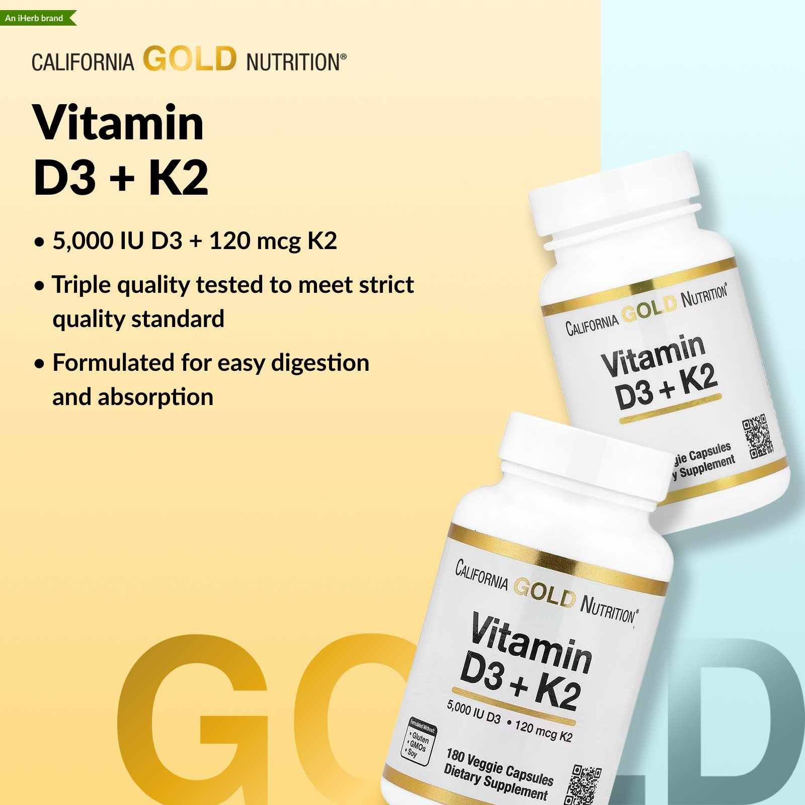 California Gold Nutrition, Vitamin D3 + K2 as MK-7, 180 Veggie Capsules