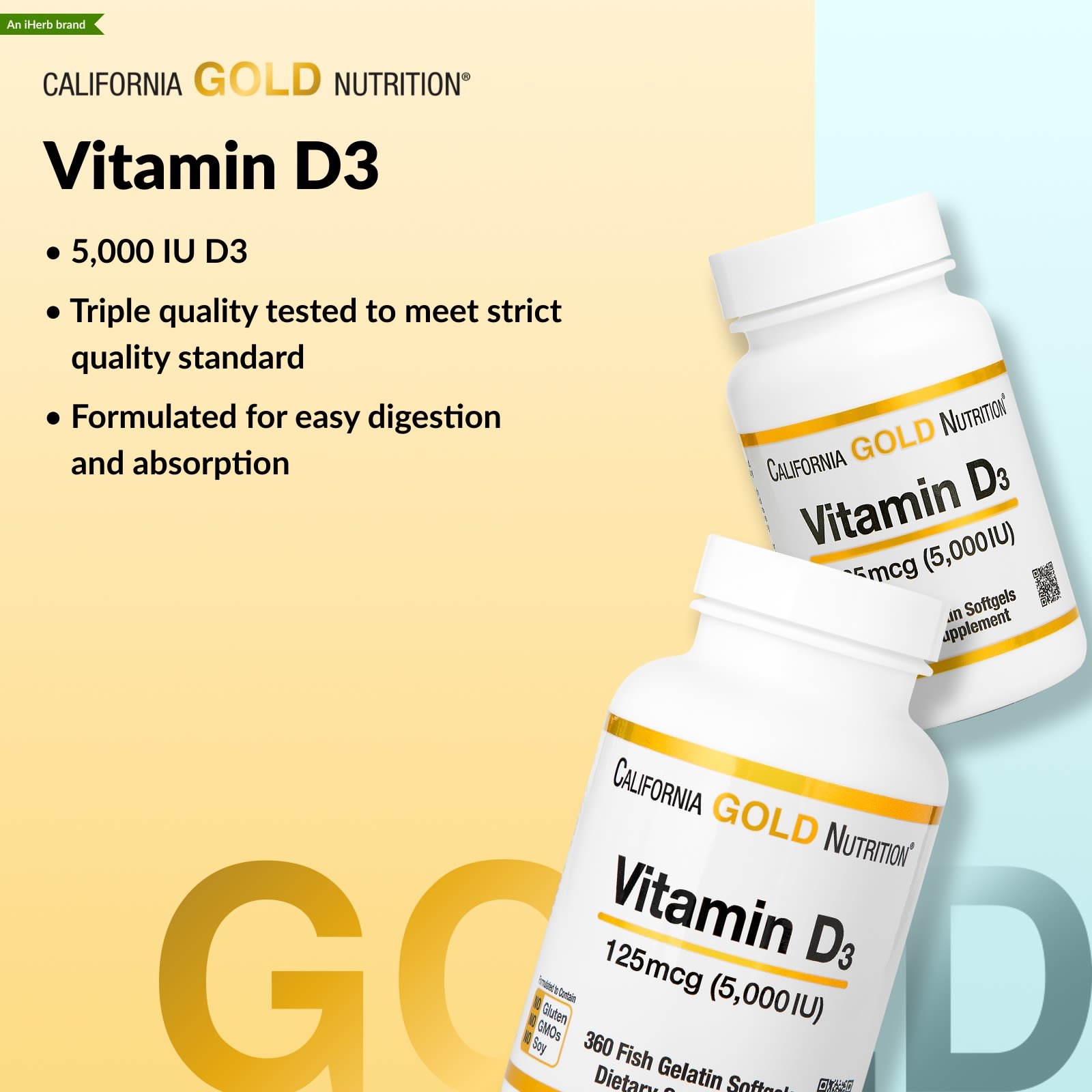 California Gold Nutrition, Vitamin D3, 125 mcg (5,000 IU), 90 Fish Gelatin Softgels