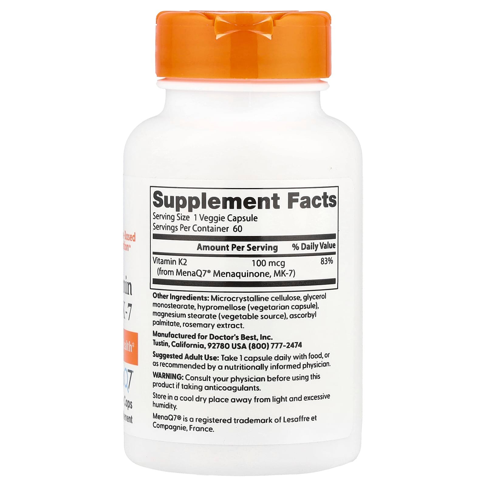 Doctor's Best, Natural Vitamin K2 MK-7, 100 mcg, 60 Veggie Caps