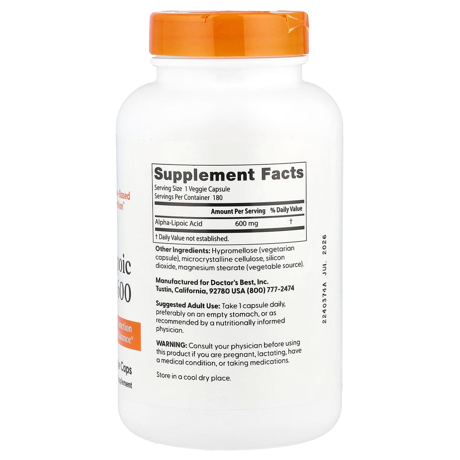Doctor's Best, Alpha-Lipoic Acid 600, 600 mg, 180 Veg Caps