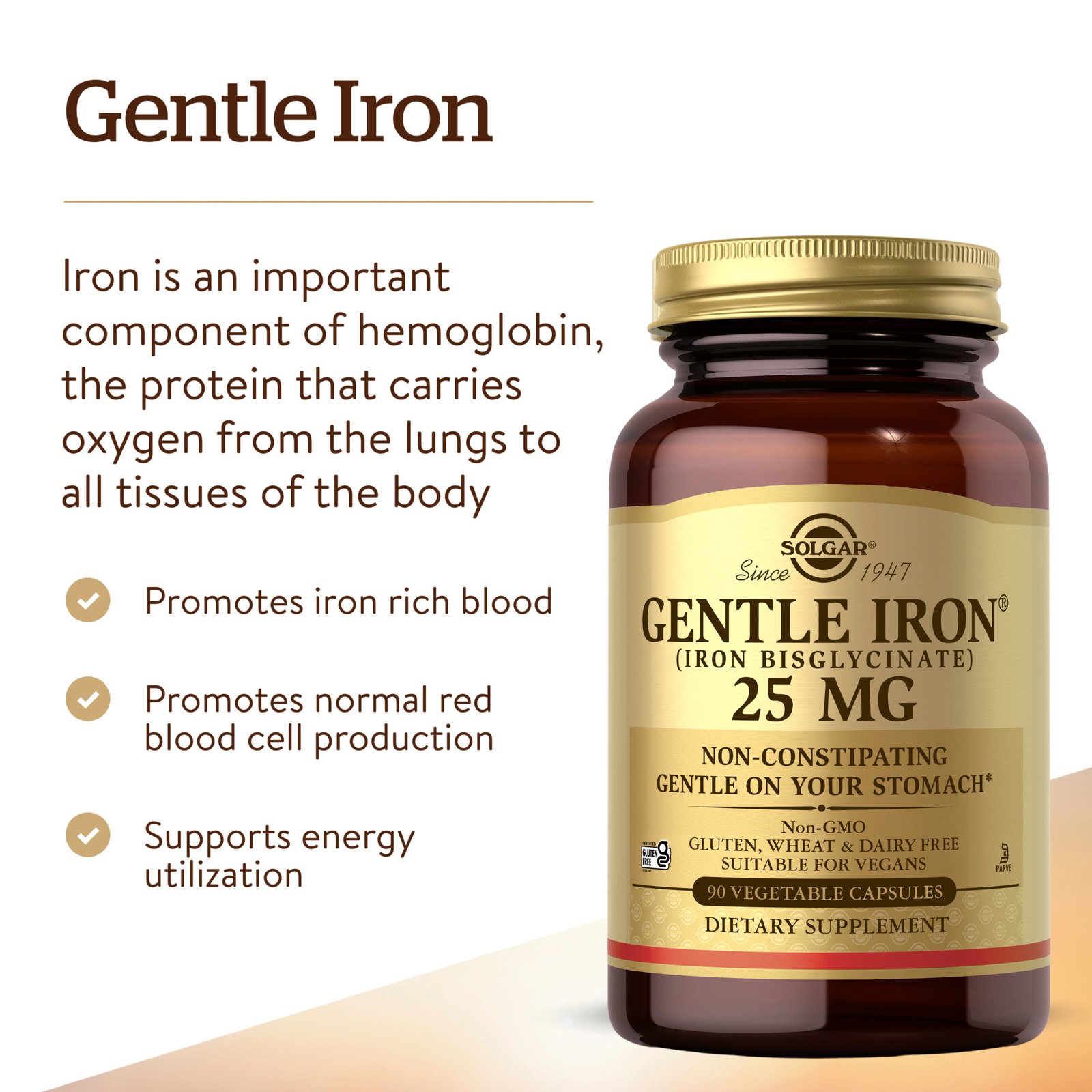 Solgar, Gentle Iron®, 25 mg, 90 Vegetable Capsules