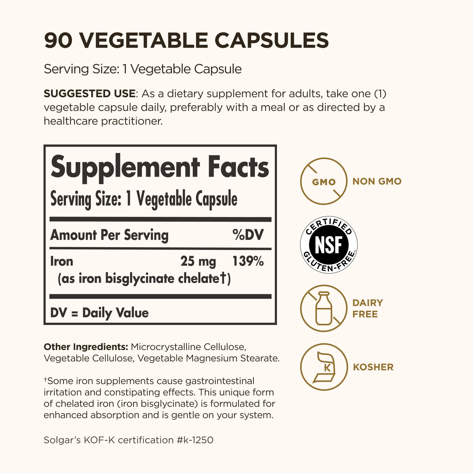 Solgar, Gentle Iron®, 25 mg, 90 Vegetable Capsules