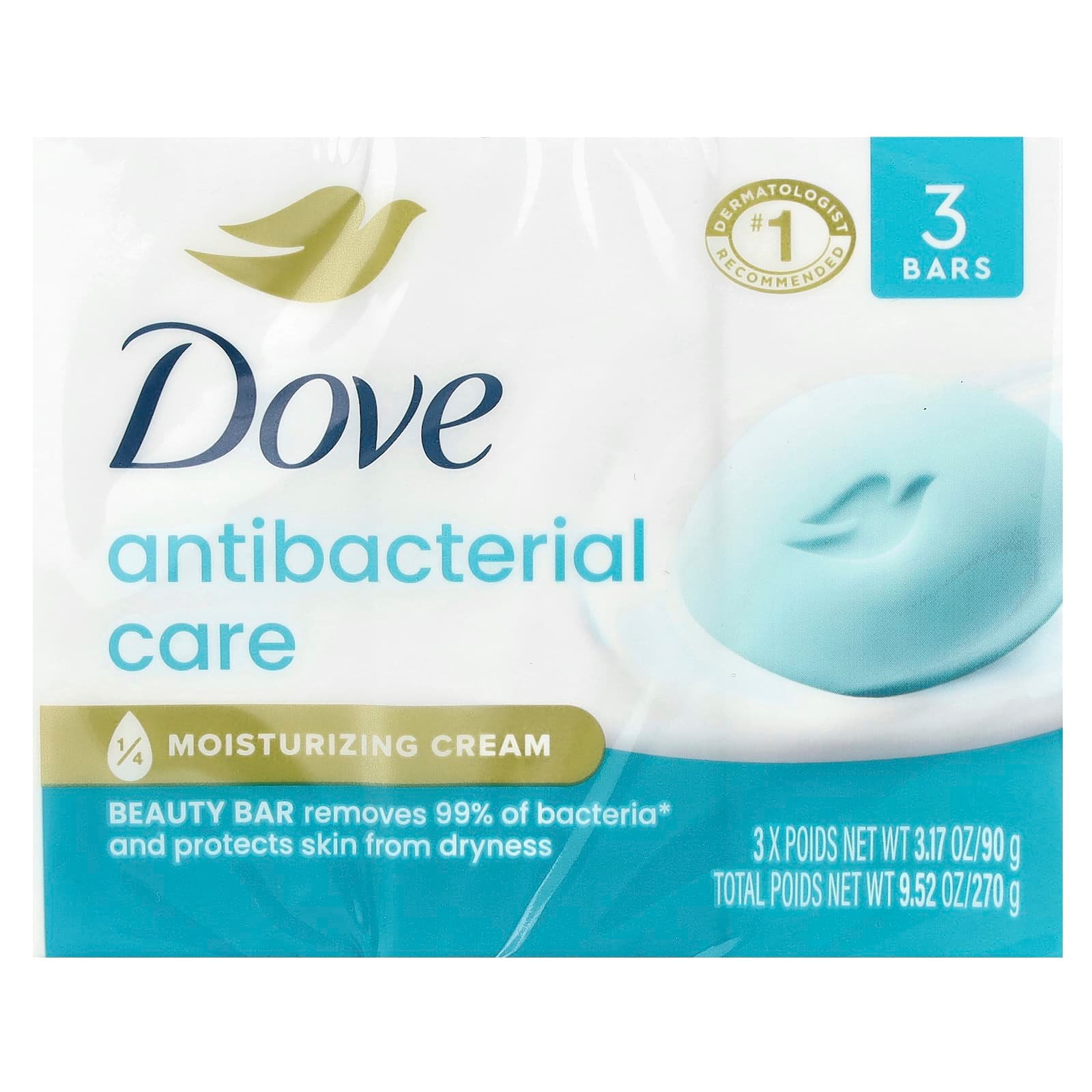 Dove, Antibacterial Care, Beauty Bar Soap, 3 Bars, 3.17 oz (90 g) Each