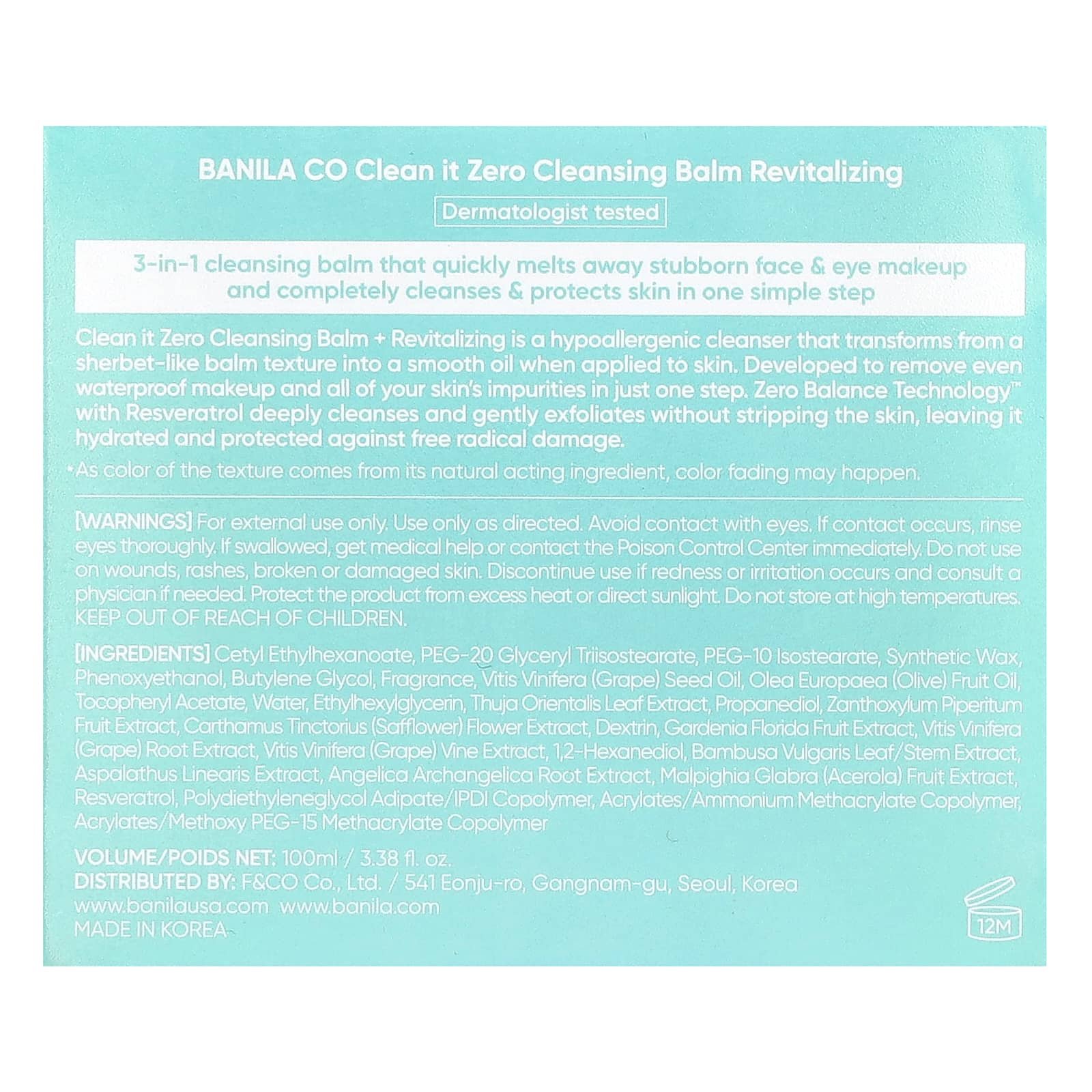 Banila Co, Clean It Zero, 3-in-1 Cleansing Balm, Revitalising, 3.38 fl oz (100 ml)