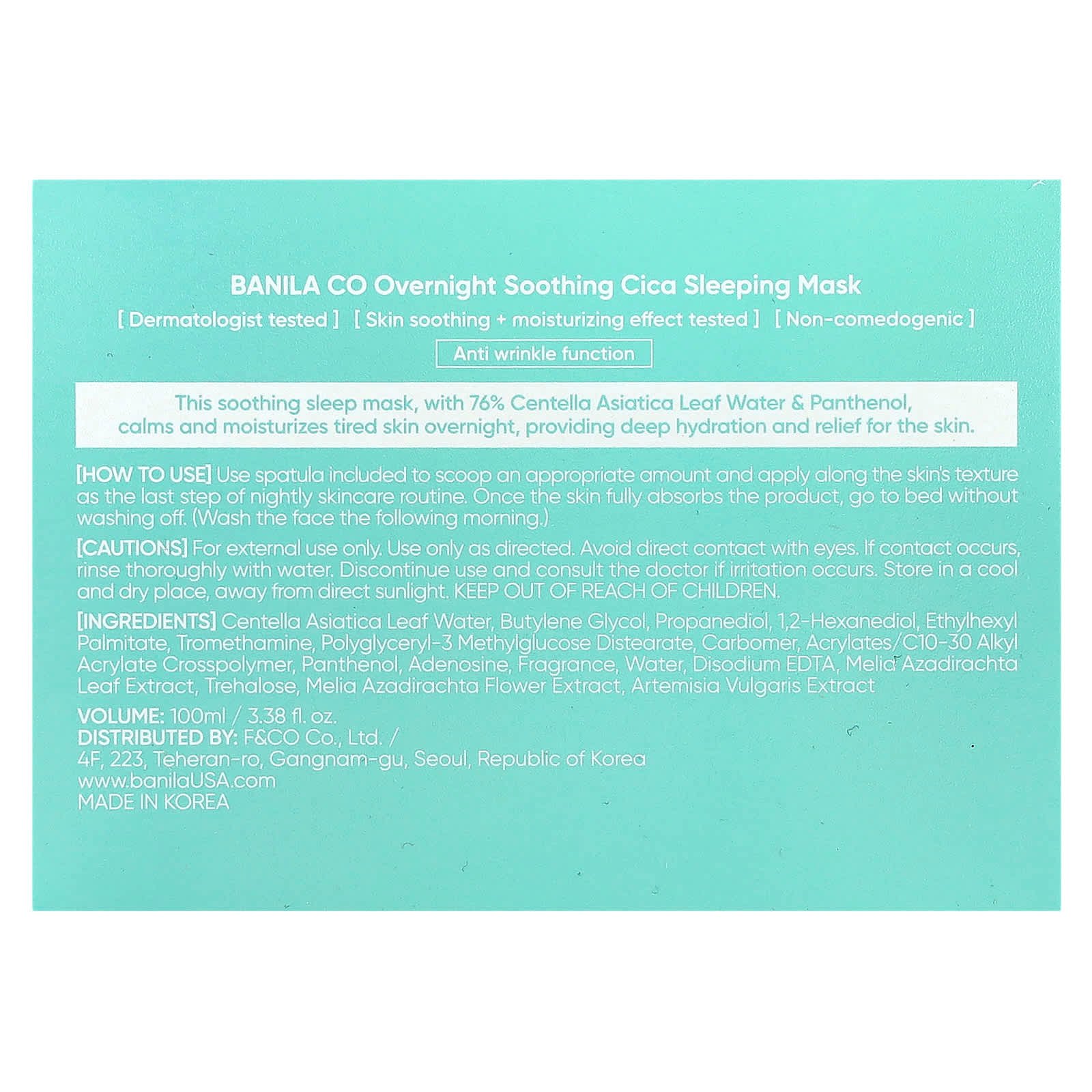 Banila Co, Overnight Soothing Cica Sleeping Beauty Mask, 3.38 fl oz (100 ml)