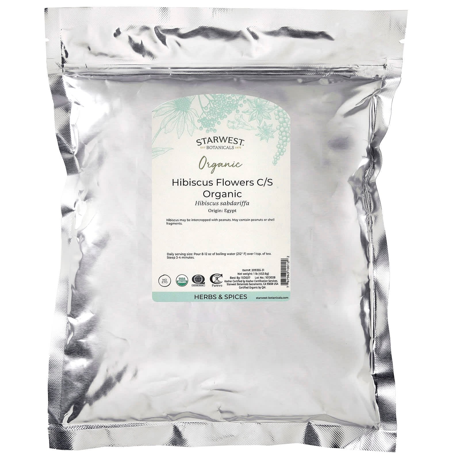 Starwest Botanicals, Organic Hibiscus Flowers C/S, 1 lb (453.6 g)