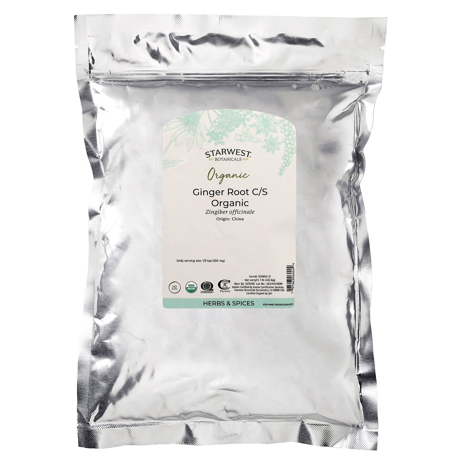 Starwest Botanicals, Organic Ginger Root C/S, 1 lb (453.6 g)