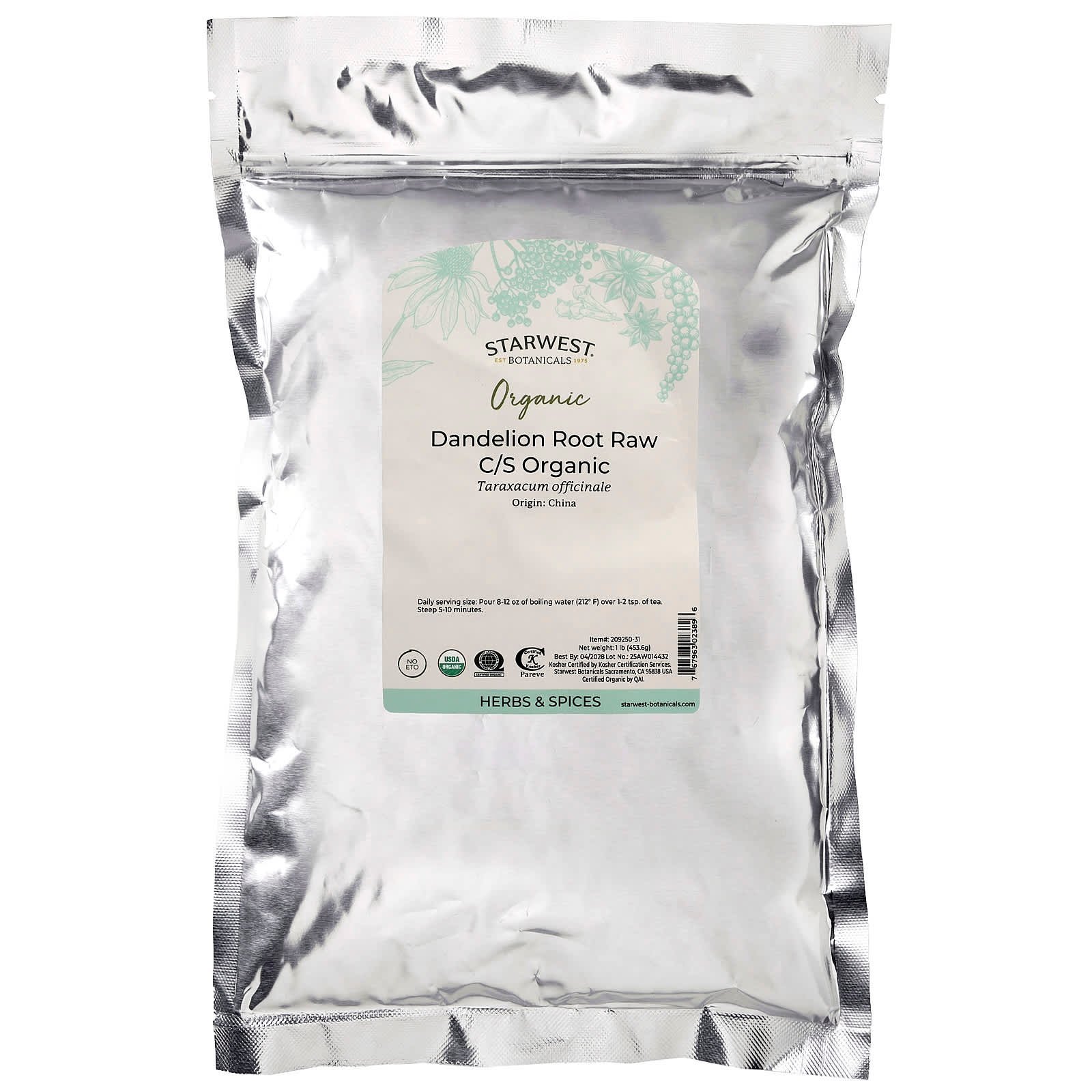 Starwest Botanicals, Organic Dandelion Root Raw C/S, 1 lb (453.6 g)