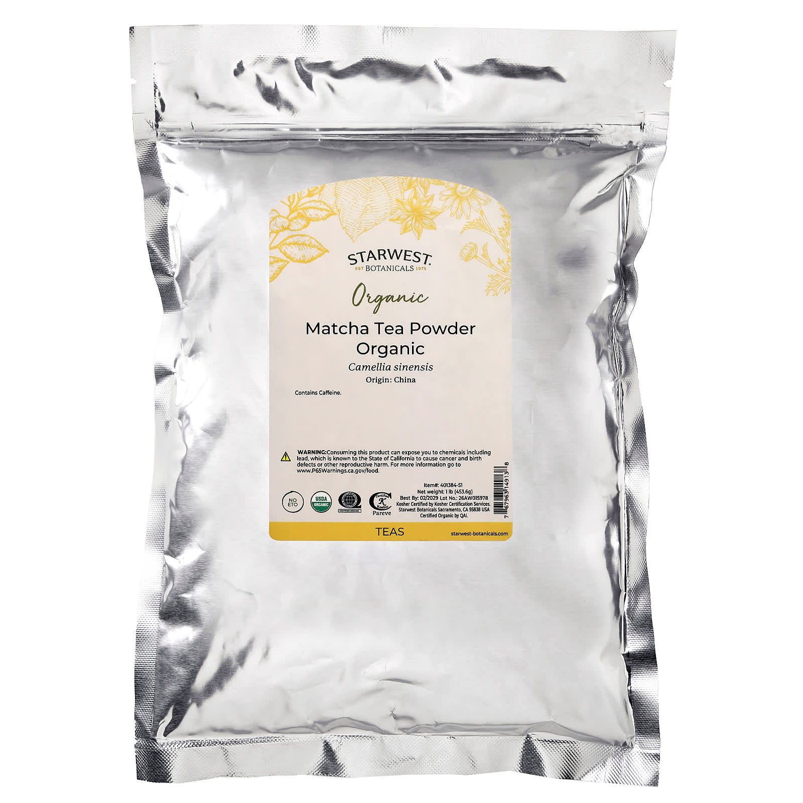 Starwest Botanicals, Organic Matcha Tea Powder, 1 lb (453.6 g)